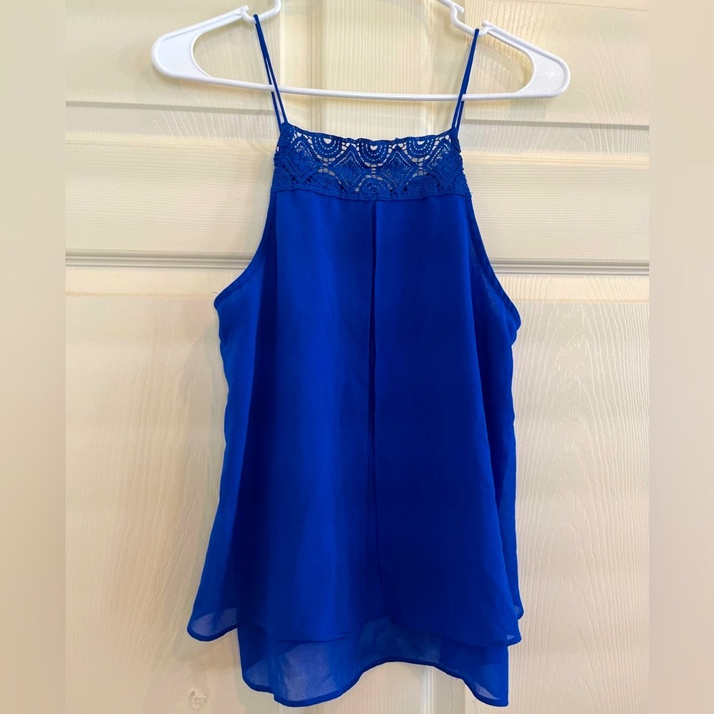 E M Blue Lace Trim Women's Top